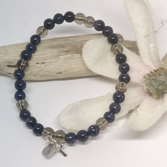 Smoky Quartz and Sandstone, Sterling Silver with a small Cross Charm