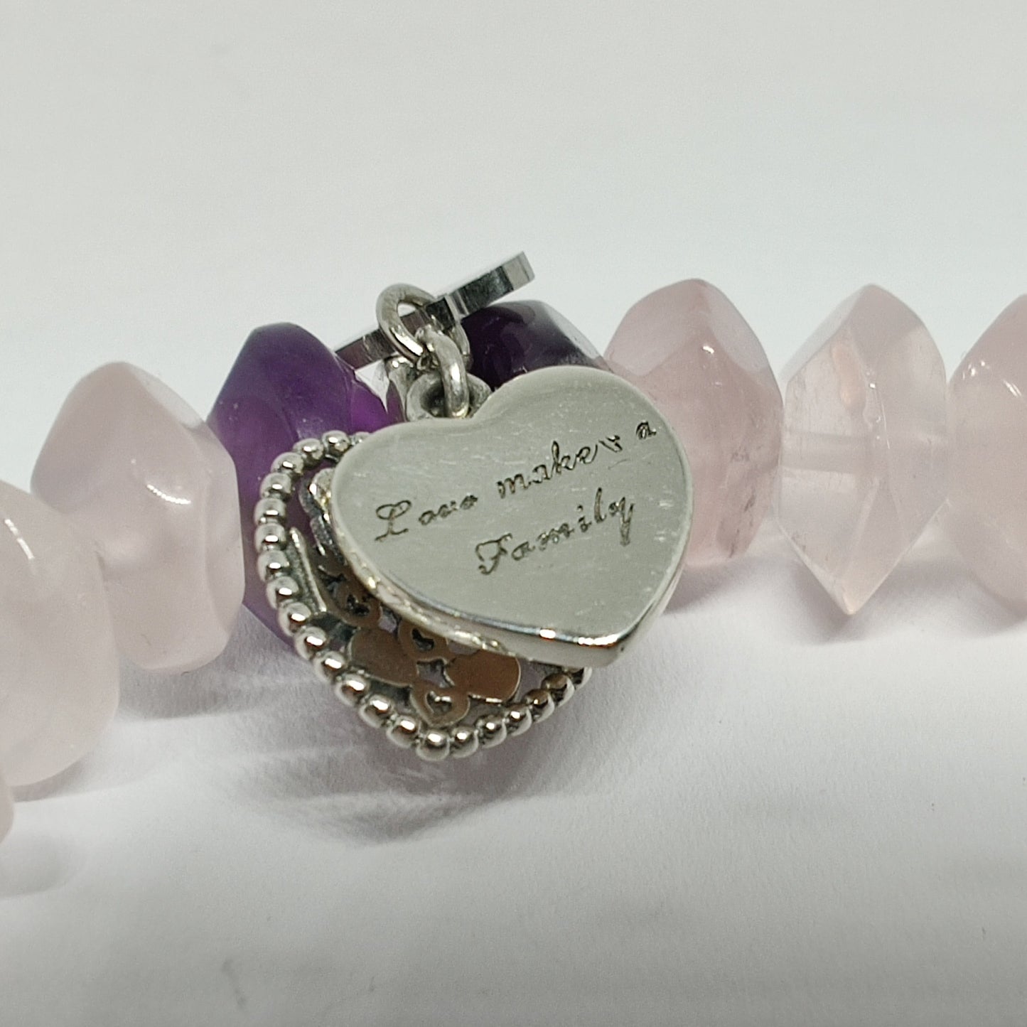 Amythest, Rose Quartz and Family Sterling Silver Bracelet