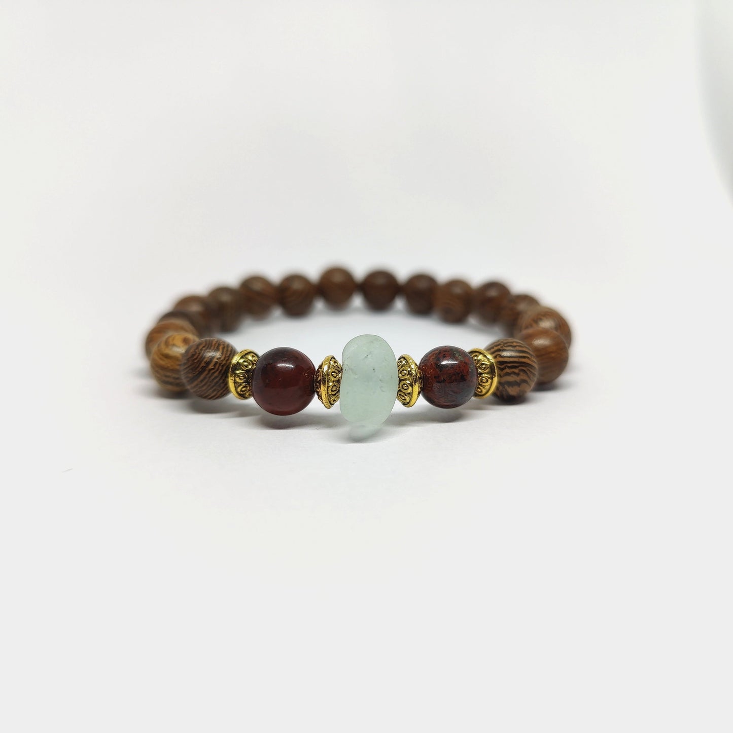 Ice Aqua Sea Glass Sea and Wooden Poppy Jasper Bracelet