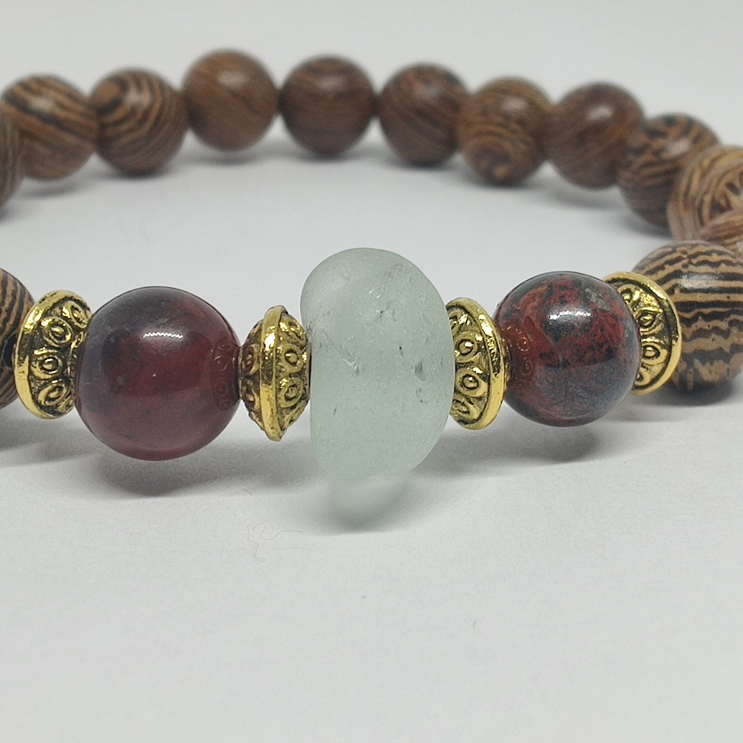 Ice Aqua Sea Glass Sea and Wooden Poppy Jasper Bracelet
