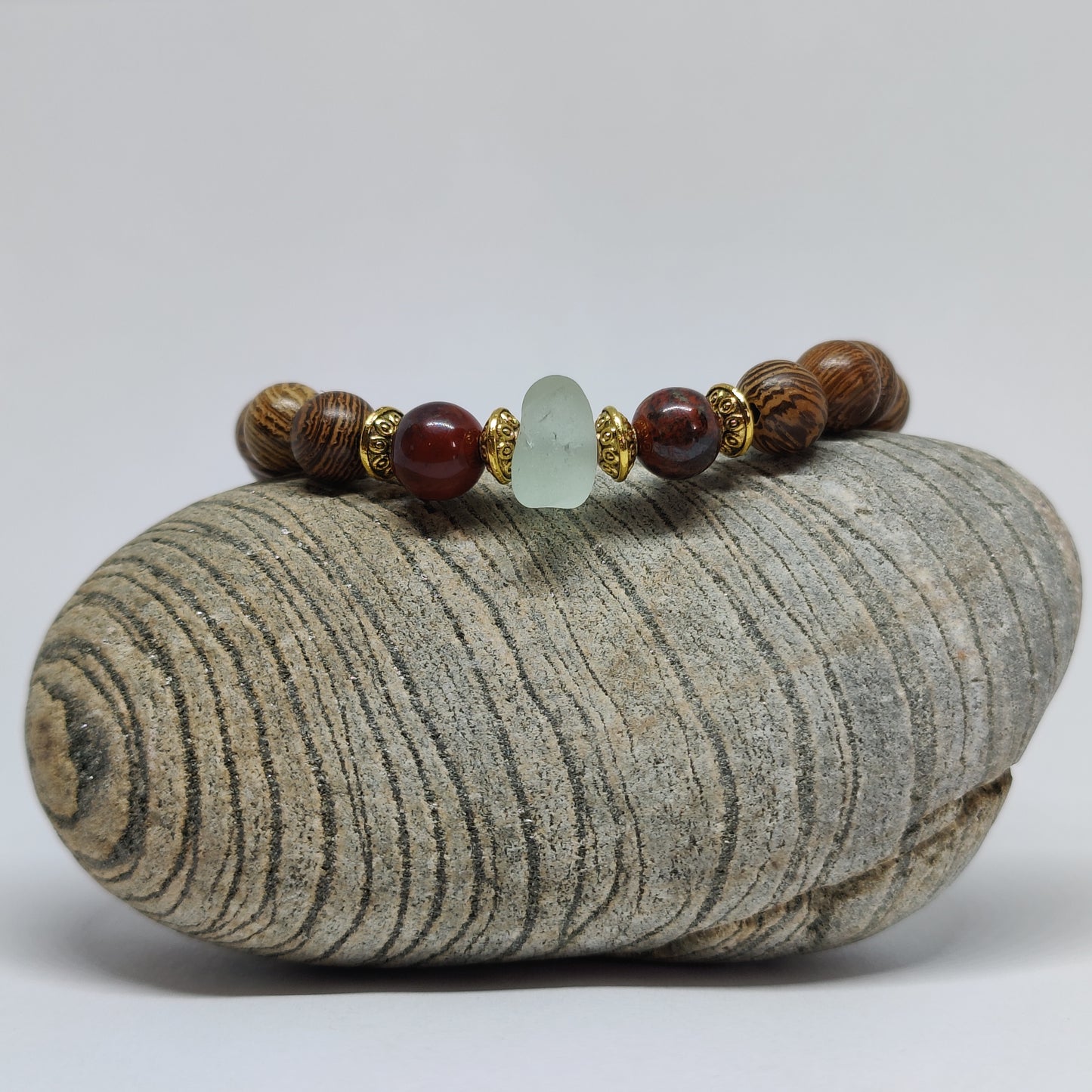 Ice Aqua Sea Glass Sea and Wooden Poppy Jasper Bracelet