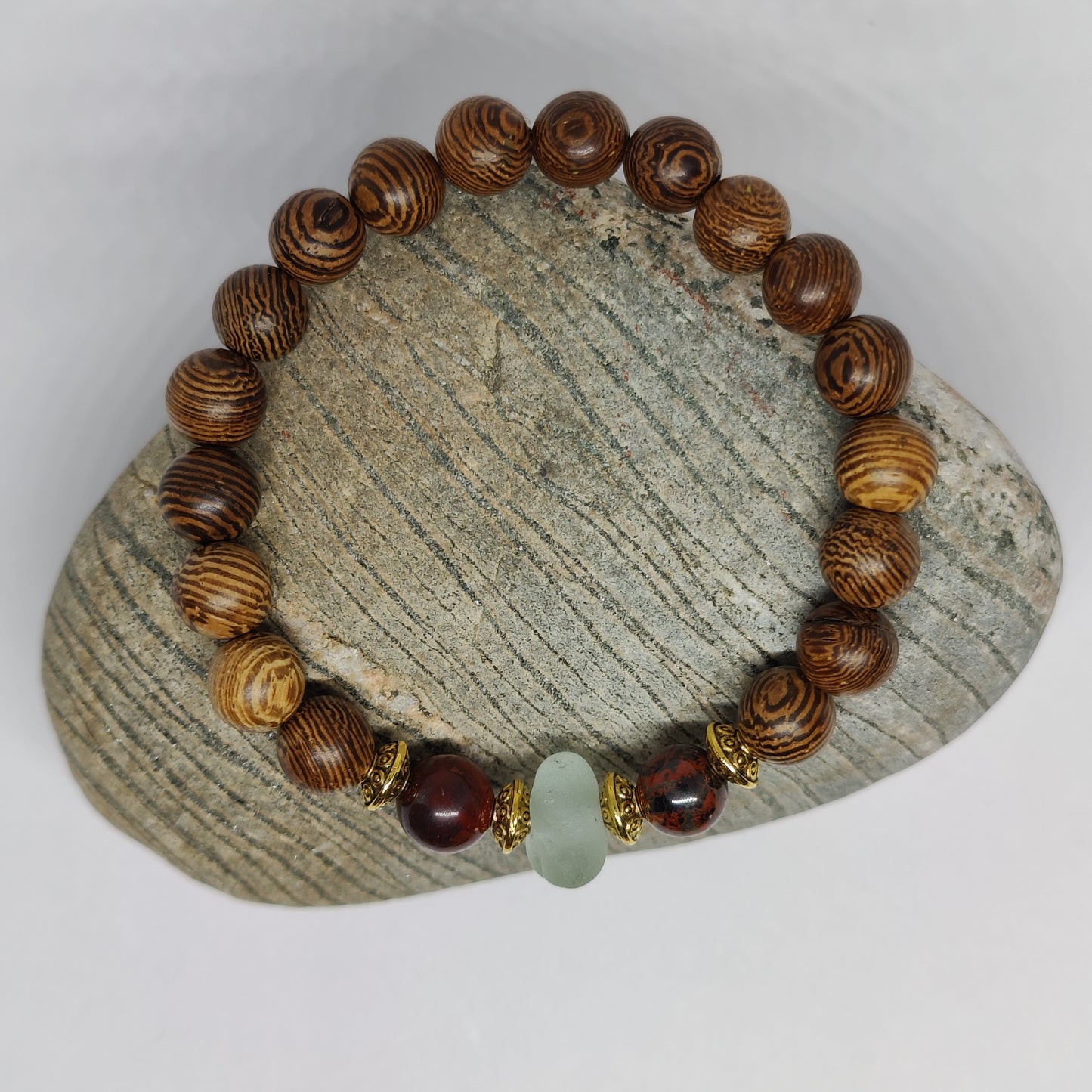 Ice Aqua Sea Glass Sea and Wooden Poppy Jasper Bracelet