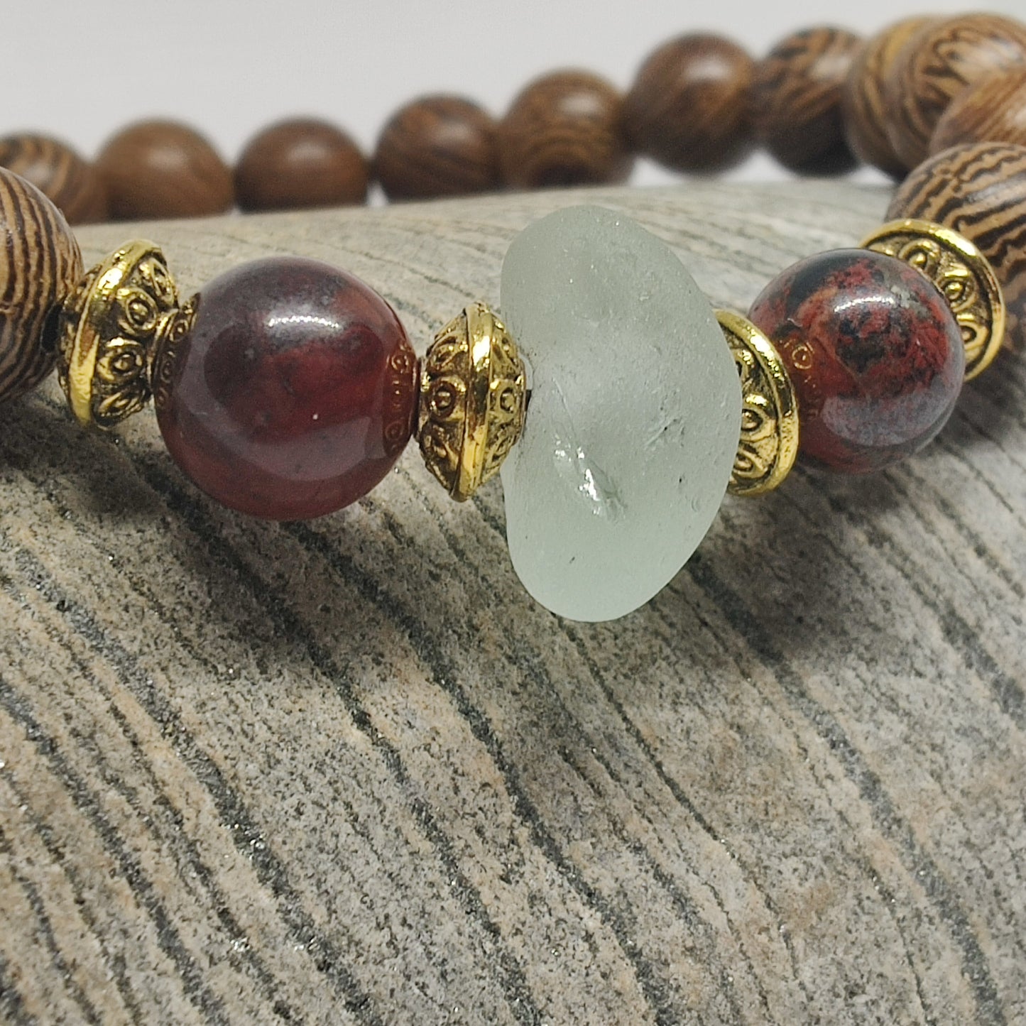 Ice Aqua Sea Glass Sea and Wooden Poppy Jasper Bracelet
