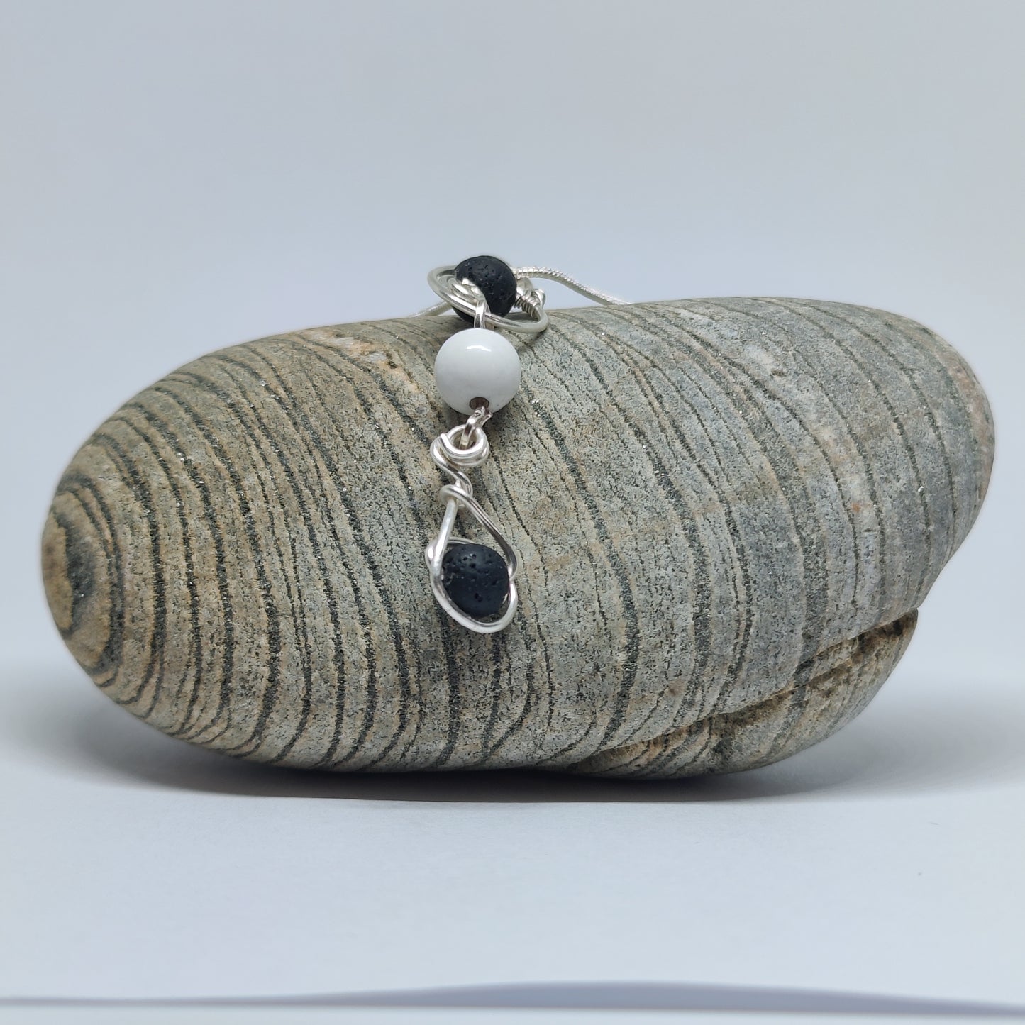 Wire Wrapped Sodalite and Lava Bead Sterling Silver Gemstone Necklace