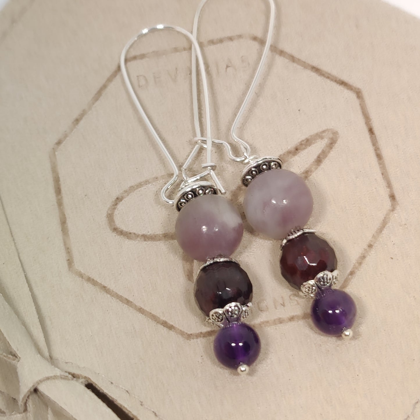 Lepidolite, Garnet and Amythest Sterling Earrings