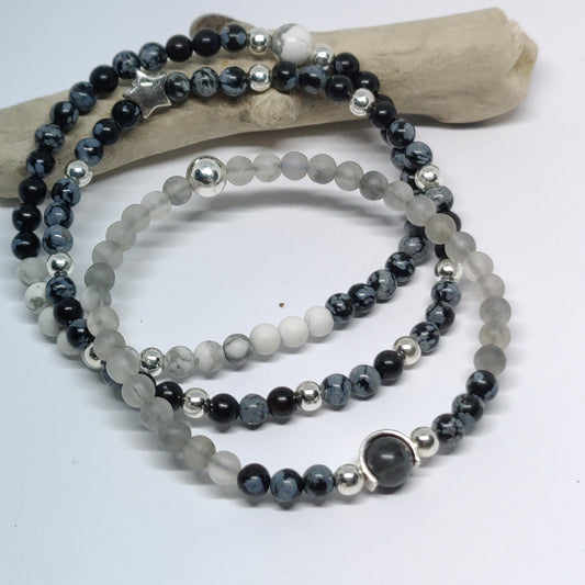 Sterling Silver Snowflake and Agate Bracelet Set