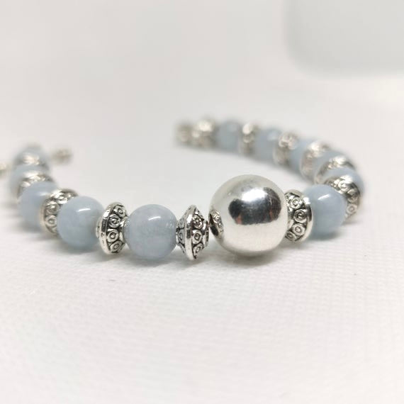 Blue Aquamarine Gemstone Sterling Silver Ball Bracelet