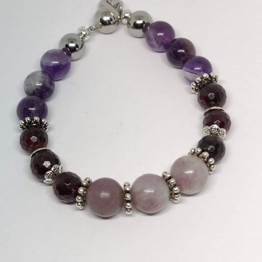 Lepidolite, Garnet and Amythest Sterling Silver Bracelet