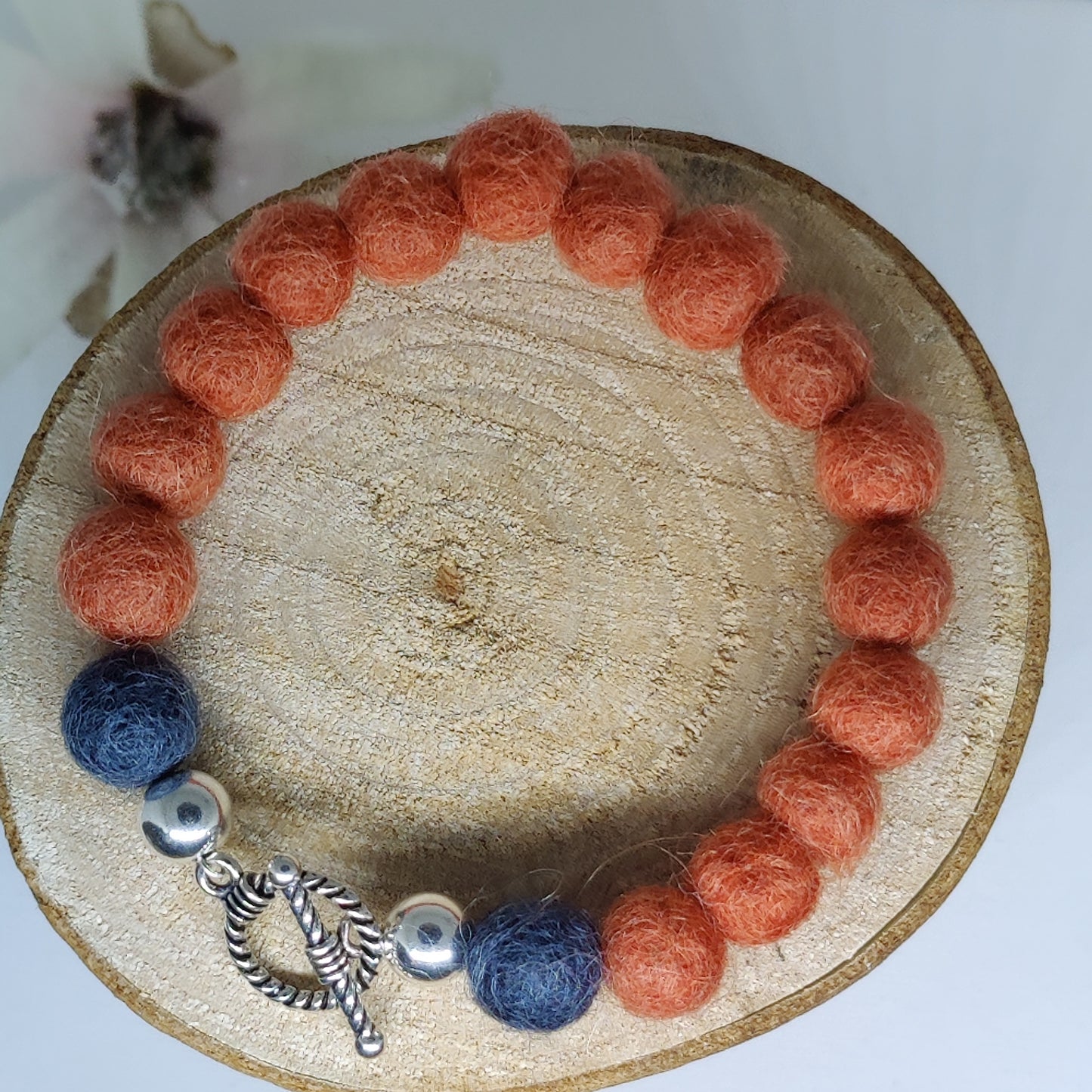 Coral and Charcoal Woollen Caviar Sterling Silver Bracelet