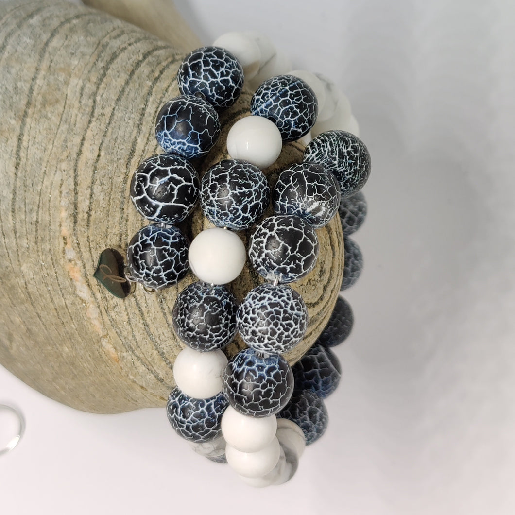 Blue Agate and Howlite Gemstone Wrapped Bracelet & Sterling Silver Earrings (Sold Separately)