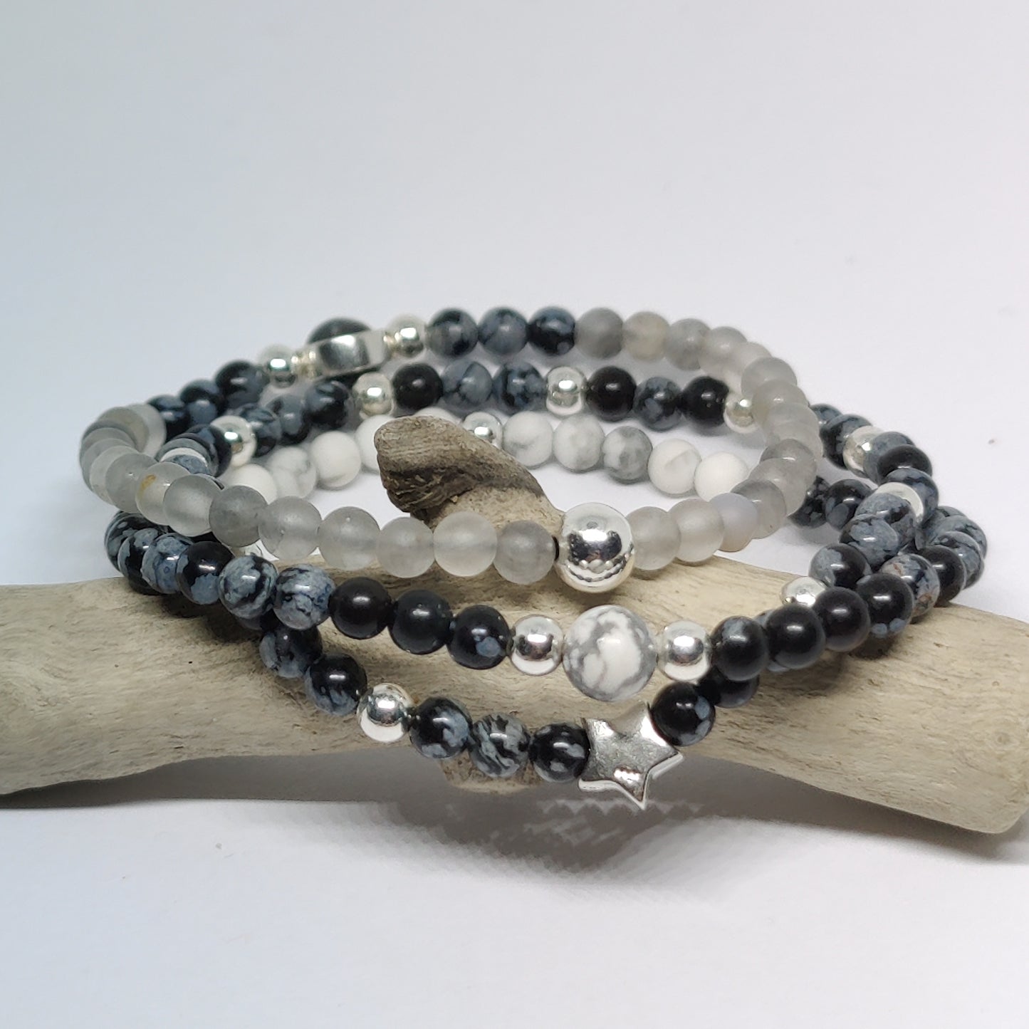 Sterling Silver Snowflake and Agate Bracelet Set