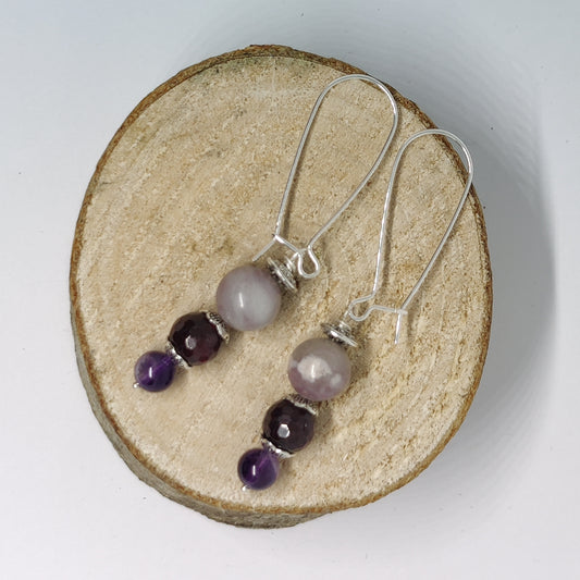 Lepidolite, Garnet and Amythest Sterling Earrings